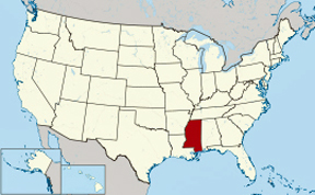 USA map shwoing location of Mississippi
